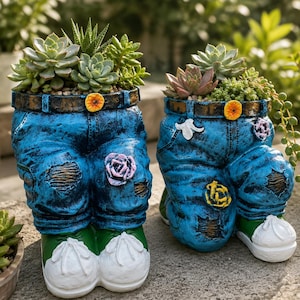 Puede incluir: Dos macetas azules estilo denim con forma de piernas, cada una con suculentas. Las macetas tienen detalles desgastados, parches y un cinturón con un botón en forma de flor. Los zapatos son blancos con suelas verdes.
