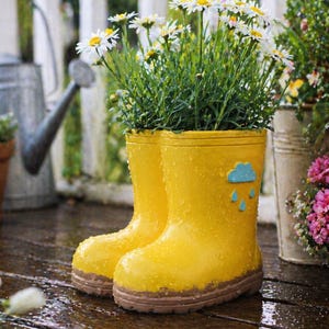 Peut inclure: Des bottes de pluie jaunes remplies de marguerites. Les bottes ont une semelle marron et un motif de nuage et de gouttes de pluie bleues. Elles sont posées sur une terrasse en bois mouillée, avec un arrosoir et d'autres plantes en arrière-plan.