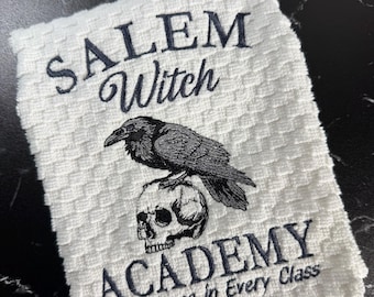 Witchy Embroidered Kitchen Towel, Salem Witchcraft Cotton Hand Towel, Spooky Housewarming Gift