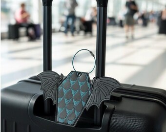 Dragon Scale Luggage Tag, Black Vinyl Goth Suitcase Label, Embroidered Winged Travel Accessory