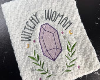 Witchy Woman Embroidered Kitchen Towel, Funny Witch Hand Towel, Spooky Housewarming Gift, Pagan Cotton Towel