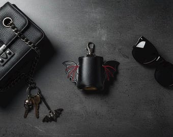 Dragon Wings Hand Sanitizer Holder, Black Gothic Vinyl Sleeve, Spooky Keychain Accessory, Goth Gift