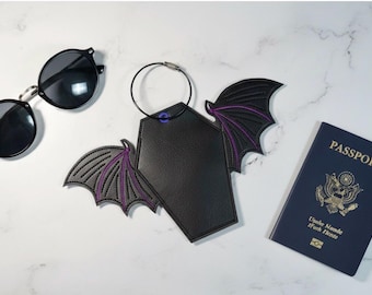 Dragon Wings Luggage Tag, Coffin Embroidered Suitcase Label, Gothic Travel Accessory, Spooky Gift