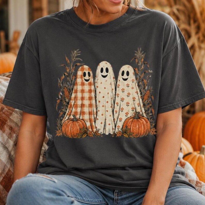 Patterned Ghost Shirt, Vintage Halloween Tee, Comfort Colors Fall Ghost Shirt, Gingham Floral Ghosts, Pumpkin Graphic Tee Pepper