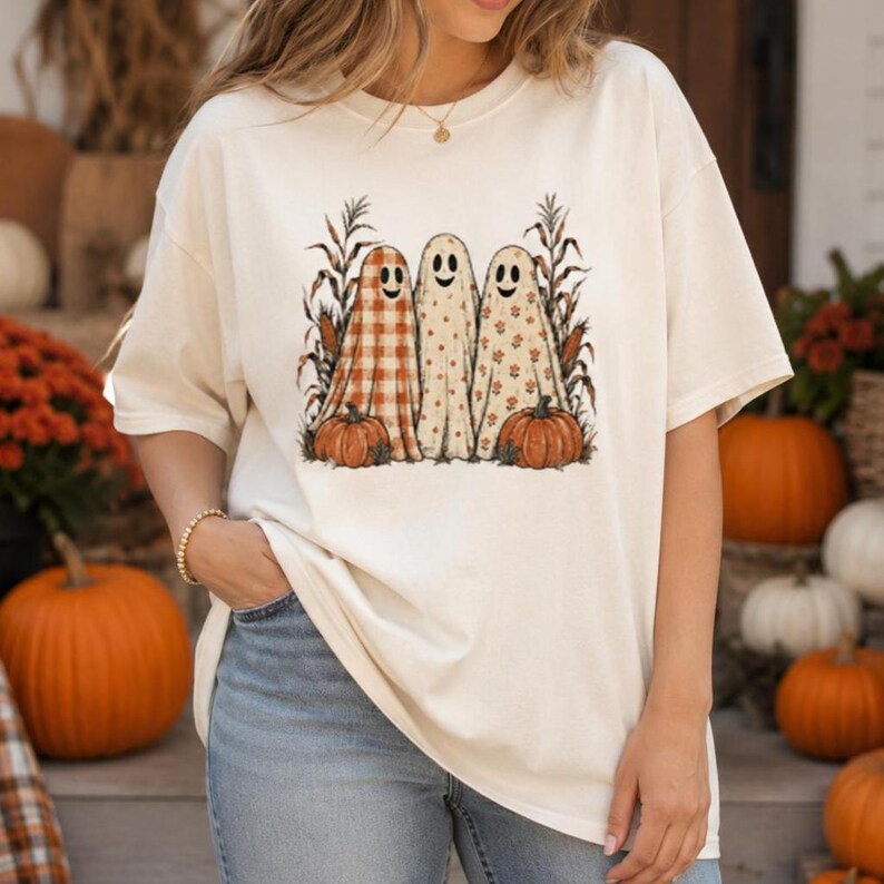Patterned Ghost Shirt, Vintage Halloween Tee, Comfort Colors Fall Ghost Shirt, Gingham Floral Ghosts, Pumpkin Graphic Tee Ivory