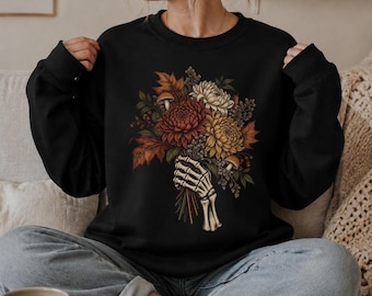 Skeleton Hand Fall Sweatshirt, Gothic Autumn Floral Crewneck, Halloween Flower Shirt, Spooky Season Sweatshirt