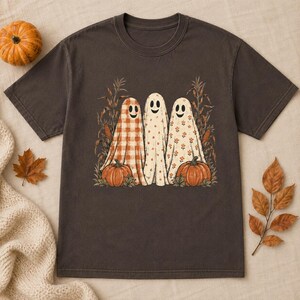 Patterned Ghost Shirt, Vintage Halloween Tee, Comfort Colors Fall Ghost Shirt, Gingham Floral Ghosts, Pumpkin Graphic Tee Espresso
