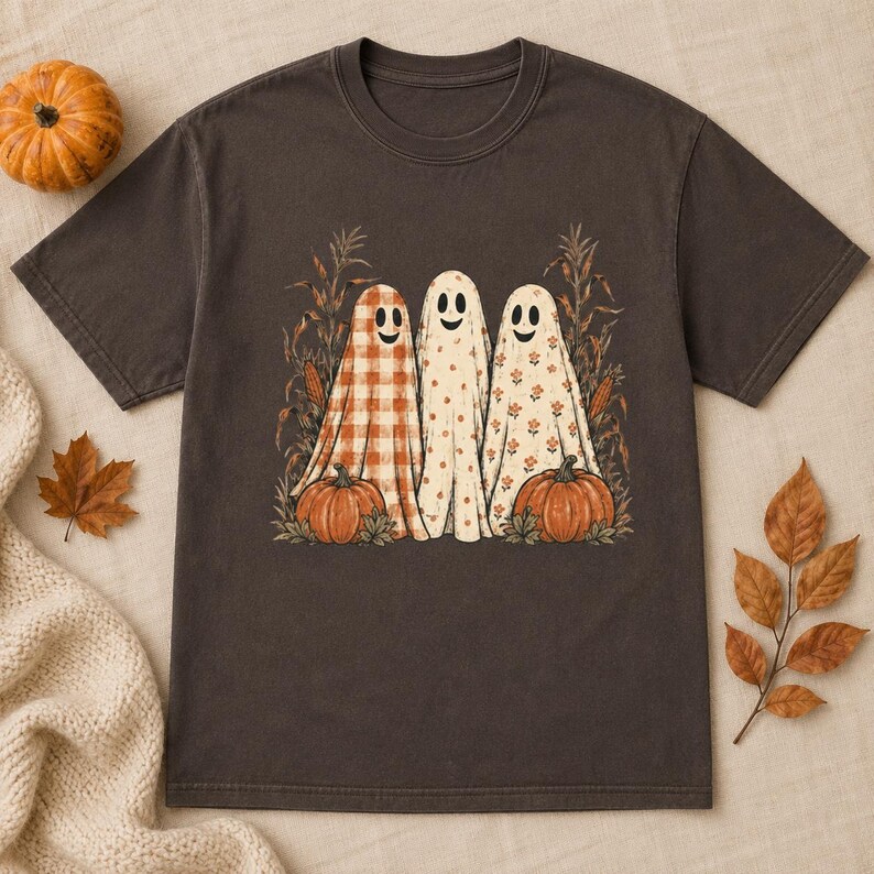 Patterned Ghost Shirt, Vintage Halloween Tee, Comfort Colors Fall Ghost Shirt, Gingham Floral Ghosts, Pumpkin Graphic Tee Espresso