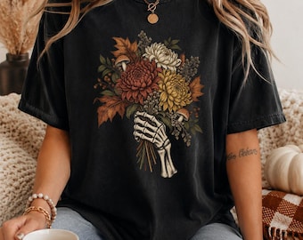 Skeleton Hand Fall Shirt, Gothic Autumn Floral Tee, Halloween Flower Shirt, Spooky Season Comfort Colors Tee