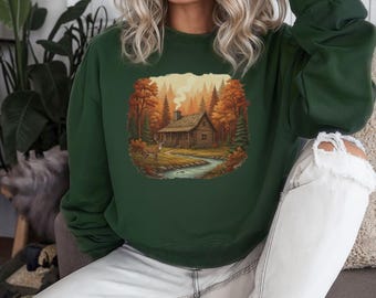 Retro Cabin Sweatshirt: Deer, Woods Scene Gildan Crewneck