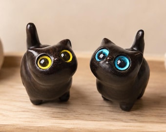 Wooden Cat Figurine, Cute Black Cat Mini Figurines, Desktop Decor, Cat Lover Gift, Witchy Desk Decor Gift