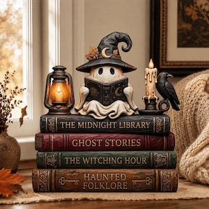 Può includere: Una statuetta decorativa di un fantasma con cappello da strega che legge un libro, posizionata su una pila di quattro libri intitolati The Midnight Library, Ghost Stories, The Witching Hour e Haunted Folklore, con una lanterna e una candela.