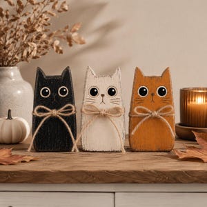 Pode incluir: Três figuras de gato em madeira nas cores preta, branca e laranja, cada uma com grandes olhos circulares, nariz e boca pintados de forma simples e um laço decorativo de corda de juta atado ao redor do corpo com um acabamento desgastado.