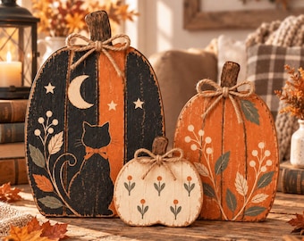 2D Wooden Pumpkin Set, 3ps Halloween Wooden Pumpkin Sitter, Rustic Fall Tiered Tray Decor, Desktop Decor, Halloween Gifts