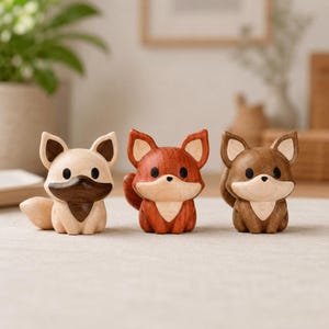 May include: Three small wooden fox figurines standing in a row. The left fox is light beige with a dark brown chest patch. The middle fox is reddish-brown with a light cream chest. The right fox is medium brown with a light cream chest.