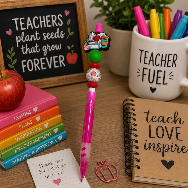 May include: A pink glittery ballpoint pen featuring a decorative topper with a stack of books, an apple, and a coffee cup, accented by green, red, and patterned beads. The pen has a translucent pink barrel and a soft grip section for comfortable writing.