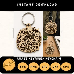 May include: A circular wooden keychain featuring a laser-engraved design of a turtle surrounded by orbital rings and stars. The word AMAZE is repeated three times in a bold font. A silver metal split ring is attached to the top of the wooden disc.