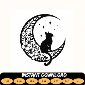 Blommig kattmåne SVG Clipart, Boho Witchy Crescent Moon Cut-fil (Direkt nedladdning)