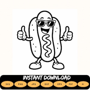 Hot Dog SVG, Hot Dog Silhouette Png, Sunglasses Hot Dog Svg, Hot Dog Outline Clipart, Cricut Silhouette File, Instant Download