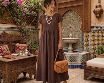 Linen Smocked Dress Women | Airy Midi Summer Dress | Loose Short Sleeve Dress | Minimalist Resort Vacation Outfit