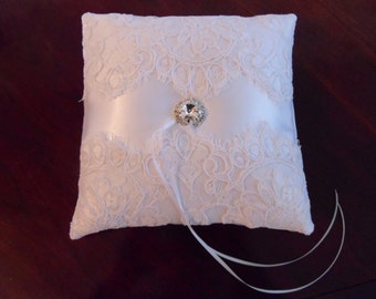 BIG SALE White French Alencon Lace Ivory Ring Bearer Pillow with a Rhinestone Button