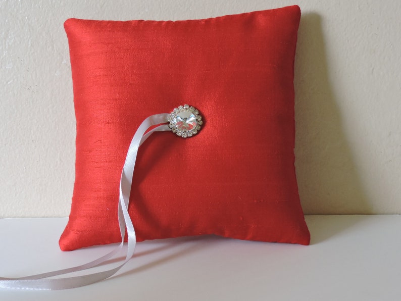 BIG SALE RED Ring Bearer Pillow Silk Shantung with Rhinestone Button image 2