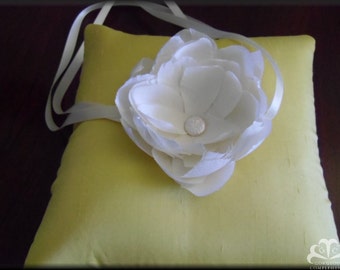 BIG SALE Yellow Silk Shantung Ring Bearer Pillow with Flower and Freshwater Pearl Button