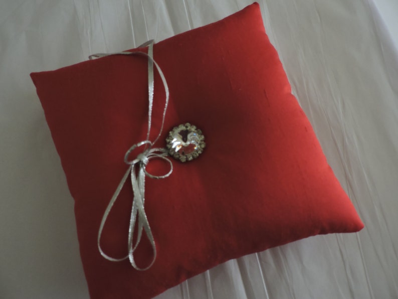 BIG SALE RED Ring Bearer Pillow Silk Shantung with Rhinestone Button image 1