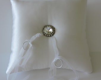 White Silky Satin Ring Pillow with Rhinestone Button