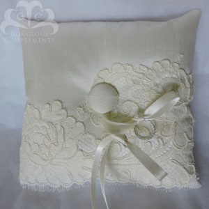 BIG SALE Gorgeous Silk Ring Bearer Pillow in Ivory with Vintage French Alencon Lace Aplique