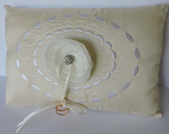 BIG SALE Golden Ivory Embroidered Ring Bearer Pillow with Flower and Rhinestone Button