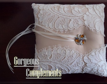 BIG SALE Ivory Champagne Ring Bearer Pillow with Vintage Alencon French Lace