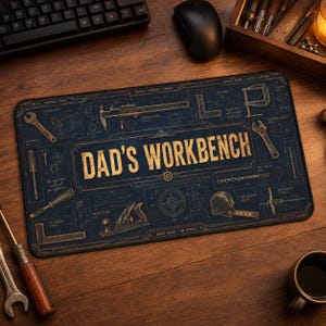 May include: A rectangular blue mousepad with a blueprint design and the words "DAD'S WORKBENCH" in gold. The design includes various tools like wrenches, calipers, and a tape measure. The mousepad is surrounded by a wooden desk, a keyboard, and a coffee cup.