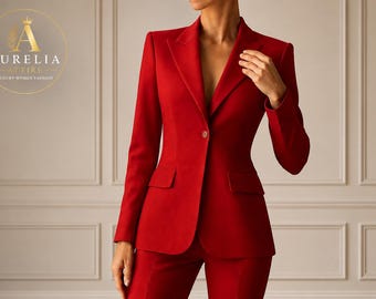 Red Women's Pantsuit | Tailored Two-Piece Blazer & Trousers Set | Custom Size Formal Suit | Office Business Wedding Outfit