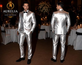 Men's Silver Satin Tuxedo Suit | Slim Fit Formal Wedding Prom Blazer & Pants