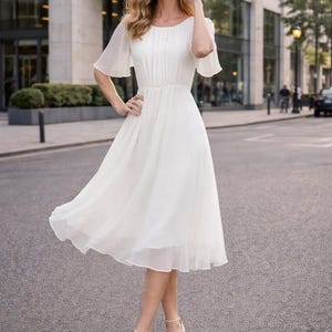knee length dresses flowy Neewe Midi Dress 3/4 Sleeve Plain V Neck High Waist Pleated A-Line Flowy Casual Knee Length Dresses for Women