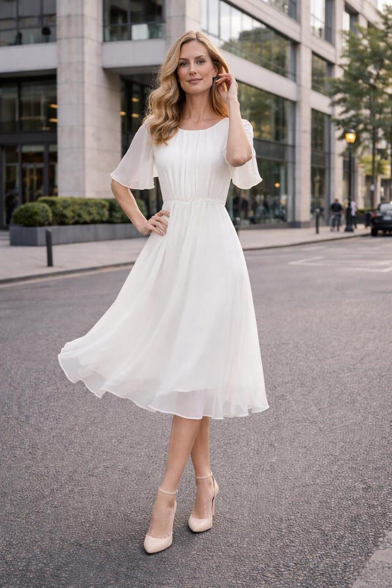 White Chiffon Midi Dress