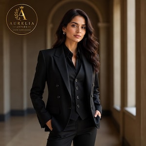 Könnte beinhalten: Ein schwarzer zweireihiger Blazer, getragen über einer passenden schwarzen Weste und einem Hemd. Der Blazer hat fallendes Revers und Knöpfe. Ein kreisförmiges Logo oben links zeigt den Text AURELIA ATTIRE LUXURY WOMEN FASHION mit einer Krone.
