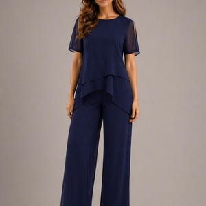 Navy Blue Co Ord Set Women Flowy Layered Top Wide Leg Pants Elegant Minimal Lounge Outfit Chic Evening Travel Wear Modern Modest Ensemble
