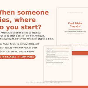 Pode incluir: Um documento de lista de verificação de assuntos finais, digital e imprimível, com o texto When someone dies, where do you start? Inclui 193 campos preenchíveis, rastreadores e caixas de seleção para tarefas após um falecimento.