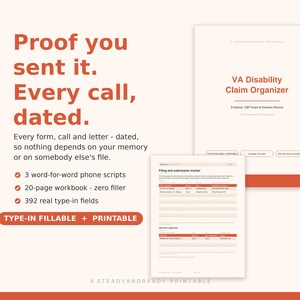 Könnte beinhalten: Ein ausdruckbares VA Disability Claim Organizer Arbeitsbuch mit orangefarbenem Text auf cremefarbenem Hintergrund. Das Dokument enthält einen Einreichungs-Tracker, 3 Telefonskripte, ein 20-seitiges Arbeitsbuch und 392 ausfüllbare Felder.