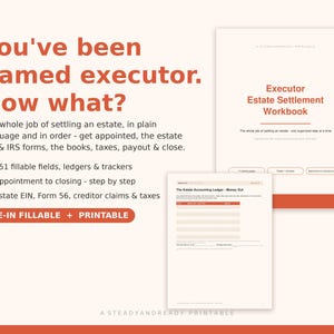 Puede incluir: Un libro de trabajo imprimible para la liquidación de sucesiones con texto naranja sobre fondo crema. El documento incluye el título, una página de libro mayor para salidas de dinero y listas con 251 campos rellenables y pasos de liquidación.