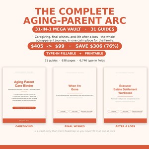 May include: The Complete Aging-Parent Arc 31-in-1 Mega Vault includes 31 guides, 638 pages, and 6,746 type-in fields. It features three documents: Aging Parent Care Binder, When I'm Gone, and Executor Estate Settlement Workbook, all in orange text.