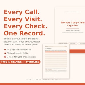 Workers Comp Claim Organizer - Work Injury & Wage Log, Fillable PDF