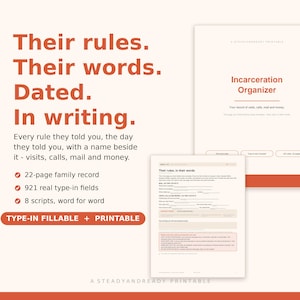 May include: An Incarceration Organizer printable document set with orange text on a cream background. The text reads: Their rules. Their words. Dated. In writing. Includes a 22-page family record, 921 type-in fields, and 8 scripts.