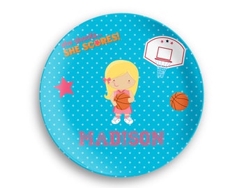 Basketball Personalized Plate  – Basketball Girl Blue Polka Dot Hoop, 10 inch ThermoSaf® Polymer Plate, Kids Personalized 8.5 inch Bowl