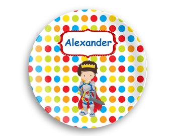Prince Personalized Plate  – Red Cape Blue Green Polka Dot - Polymer Plate - Personalized Bowl - Kids Name Gift - Plate Bowl Set