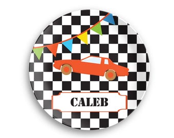 Race Car Personalized Plate  – Race Car Black White Checker, 10 inch ThermoSaf® Polymer Plate, Kids Personalized 8.5 inch Bowl