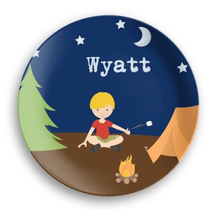 Personalized Plate  – Camping Boy Camper Night Sky Tent Fire, 10 inch ThermoSaf® Polymer Plate, Kids Personalized 8.5 inch Bowl