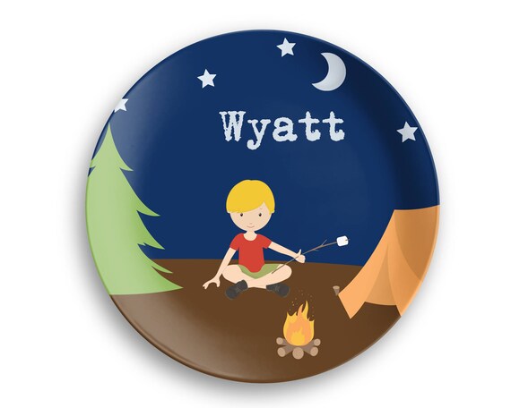 Camping Plate Blue Night Sky Camper Boy Melamine Personalized Name Gift